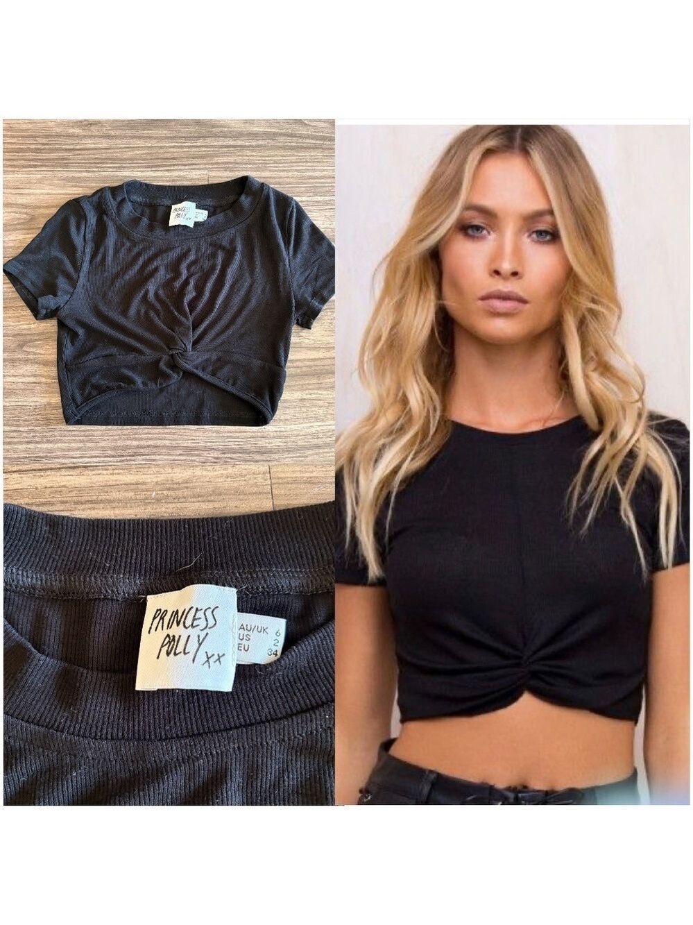 Princess Polly Black Twist Front Ribbed Crop Top